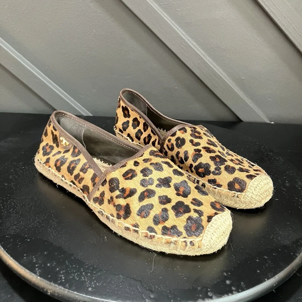 Tory Burch Womens Size 8 Leopard Print Haircalf Espadrille Flats Slip On Shoes